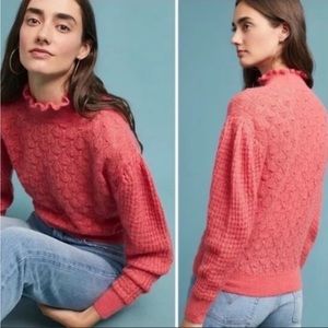 Anthropologie Knitted & Knotted Coral Helga Puff Sleeve Turtleneck Sweater large